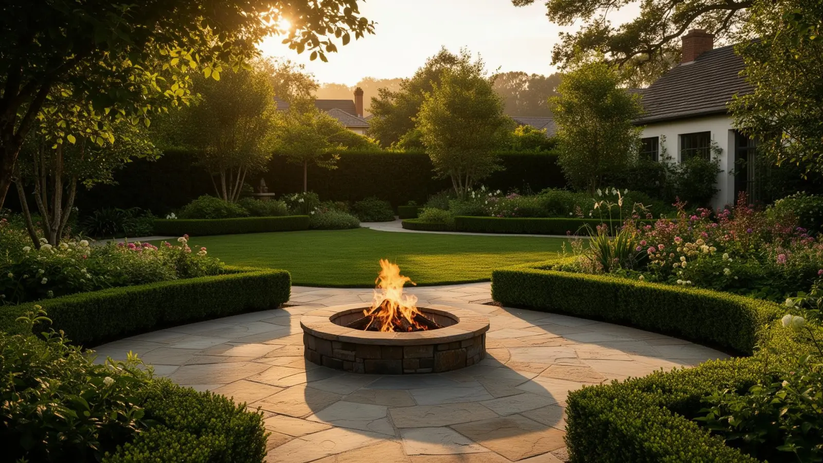 Manicured backyard with stone patio and fire pit
