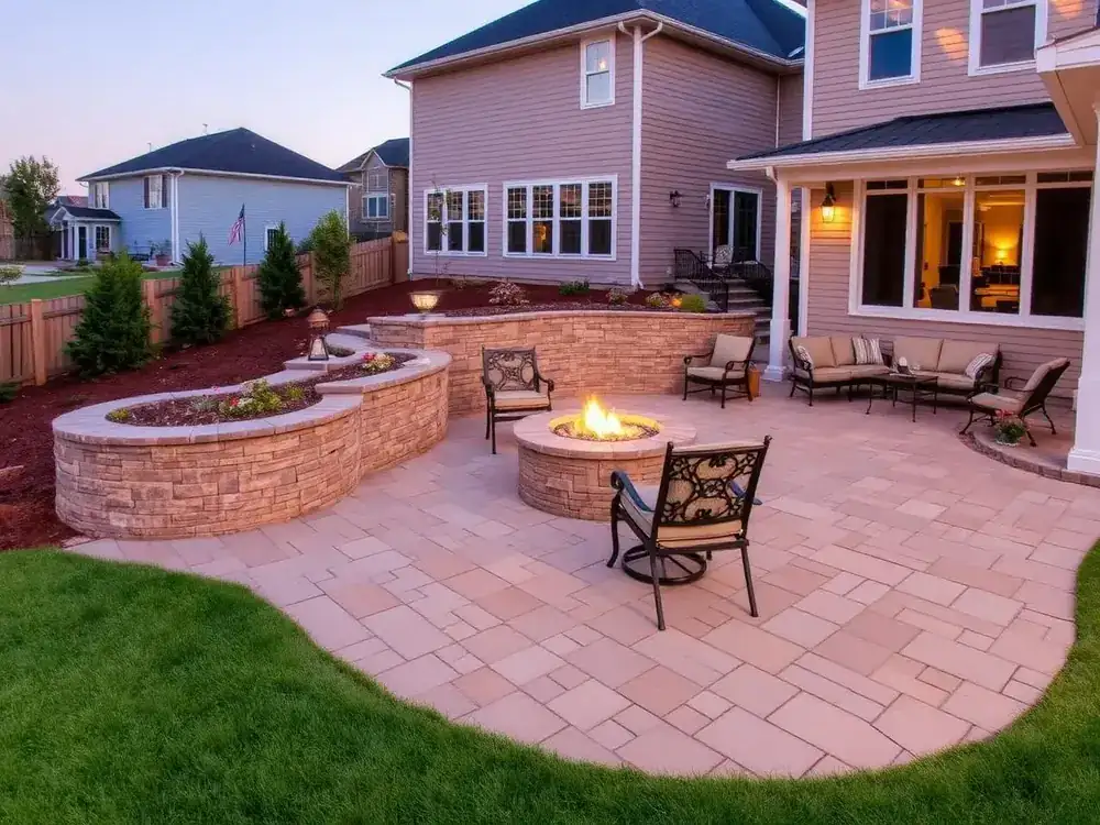Paver patio and stone retaining wall built by our hardscaping team