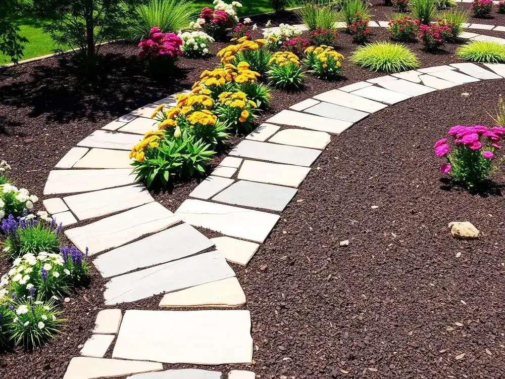 Landscaped garden bed with fresh mulch and new plantings